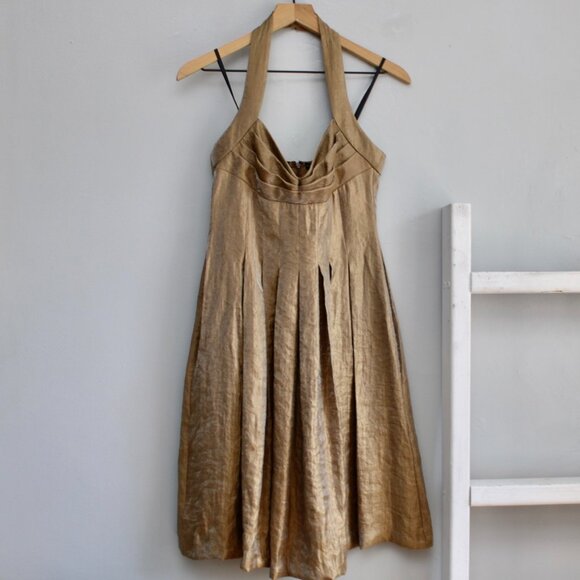 London Times VTG Y2K Gold Metallic Halter Pleated A-Line Midi Party Dress Size 2 - Picture 5 of 7